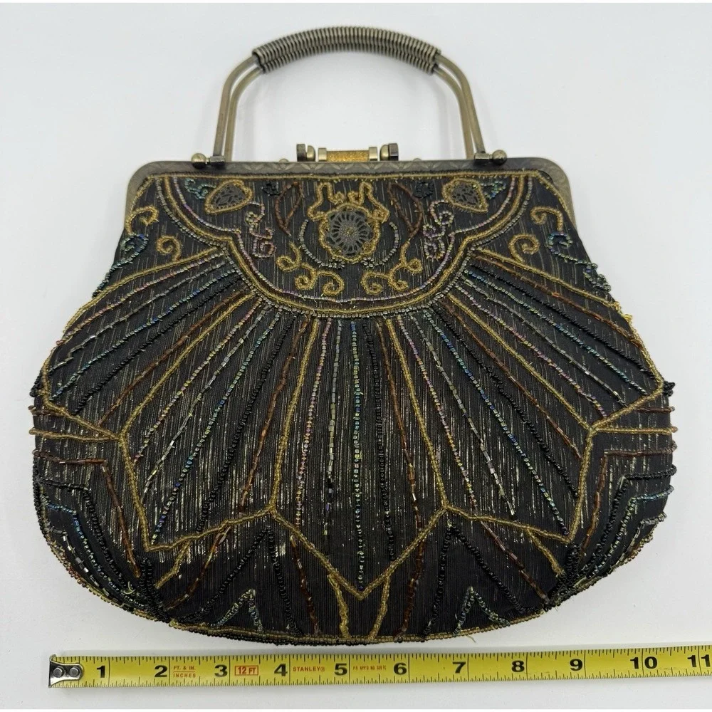 Antique Art Deco‎ Beaded Evening Purse Handbag Iridescent Glass Beads Vintage